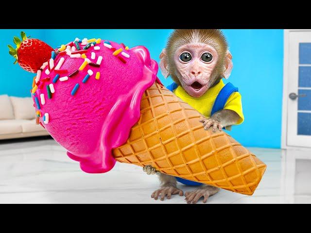 KiKi Monkey show World's Biggest Ice Cream Ever at swimming pool with Duckling | KUDO ANIMAL KIKI