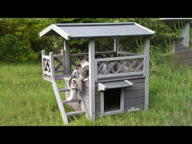 Wooden Cat House with Waterproof Roof and Balcony-Aivituvin-AIR09-B