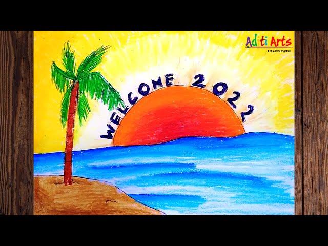 Happy New Year Scenery Drawing | New Year Card Drawing | New Year Sketch | New Year Drawing for Kids