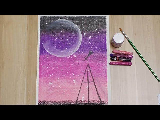 Easy Oil pastel art for begginers || Half moon telescope night Art || KK ARTS