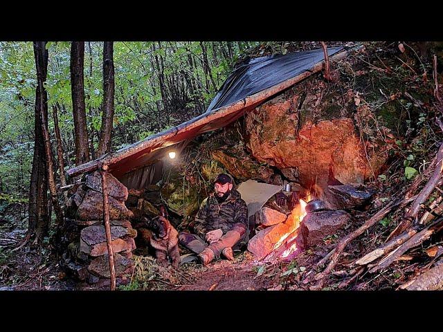 Bushcraft SURVIVAL CAMPING in the RAIN - Stone Shelter Build, Outdoor Cooking, Nature Adventure