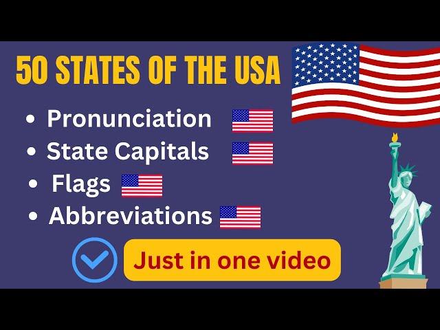 50 USA States. Pronunciation, State Capitals, Flags and Abbreviations.