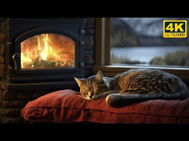 Relax with Purring Cat, Crackling Fireplace and Rain sound 4K  Sleep in Cozy Ambience