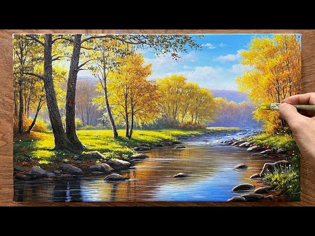 How to paint a golden autumn forest landscape / Beautiful autumn landscape painting / A Lu Art.