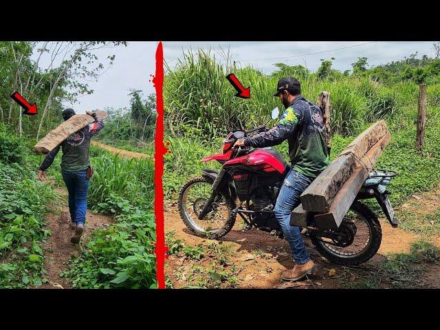 CARREGANDO AS ESTACAS DO SITIO NA MOTO PARA FAZER A CERCA DA DIVISA