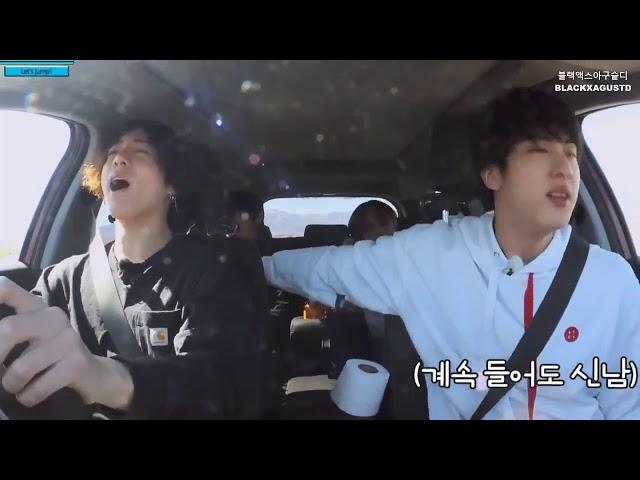 Jungkook, V, Jin and J-Hope singing inside the car during Bon Voyage season 4