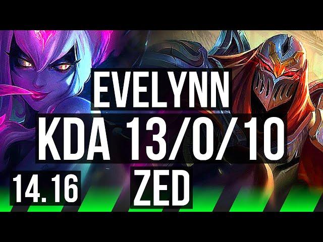 EVELYNN vs ZED (JGL) | 13/0/10, 68% winrate, Legendary | EUW Diamond | 14.16