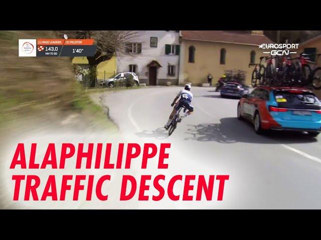 traffic skills descent. Julian Alaphilippe pursues the peloton Milano San Remo 2023. eurosport