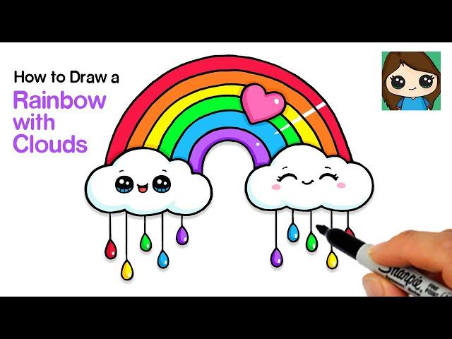 How to Draw a Rainbow and Clouds with Raindrops Easy 