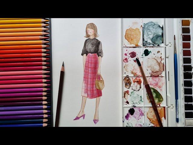 WATERCOLOR AND COLOR PENCILS FASHION ILLUSTRATION • HOW TO DRAW CASUAL OUTFIT