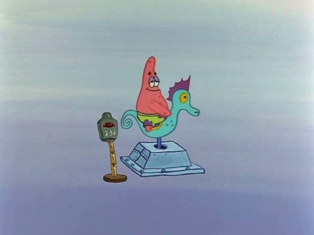 Patrick riding a seahorse for 10 hours