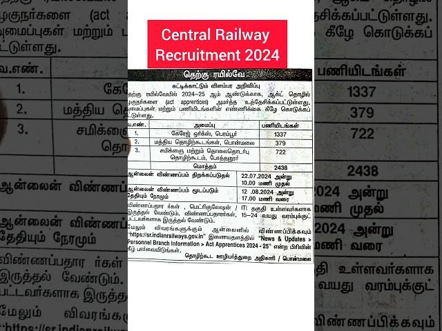 Central Railway Recruitment 2024TN GOVT JOBSCentral Govt JobsGovernment Jobs 2024 in Tamil