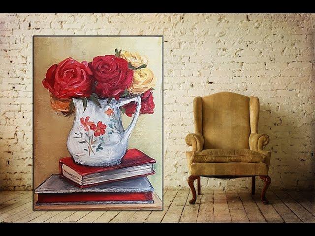 Acrylic Painting Roses in a Vase /  tutorial step by step /MariArtHome