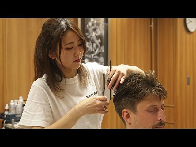 (ASMR) Best Haircut of His Life by Cute Japanese Lady Barber - Scissors Only Haircut, Shave & More