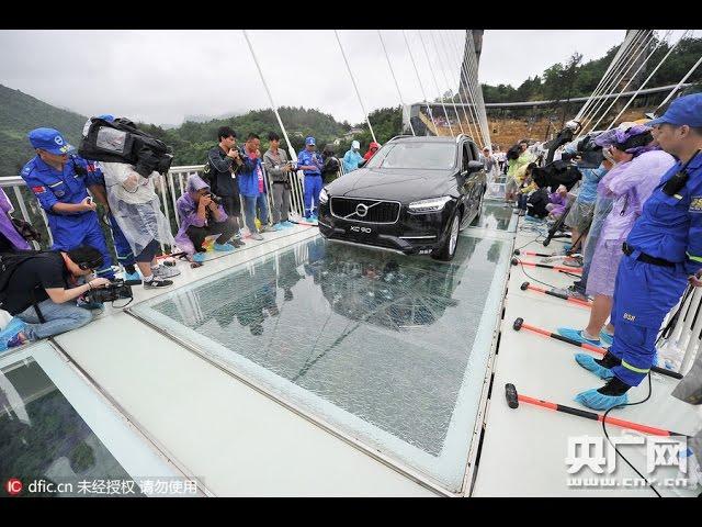 New Safety Test :2 ton car with 5 adults driving on China's giant glass bridge hit with sledgehammer