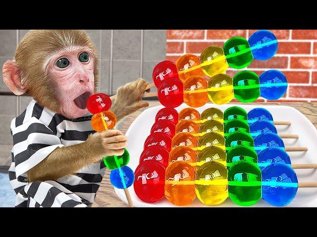 KiKi Monkey try to sneak Rainbow Jelly Candy Ice Cream into the jail & face police |KUDO ANIMAL KIKI