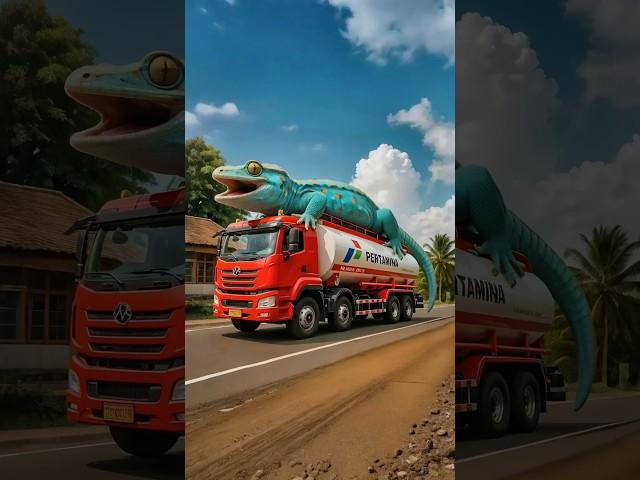 Evolution of crocodile trapped in lava area into giant gecko riding tanker truck