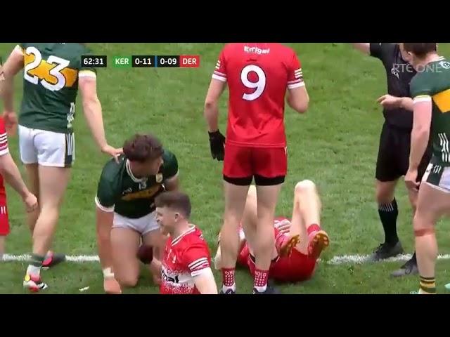 HUGE HIT  - CONOR GLASS POLEAXES DAVID CLIFFORD - DERRY V KERRY   2024 FOOTBALL CHAMPIONSHIP