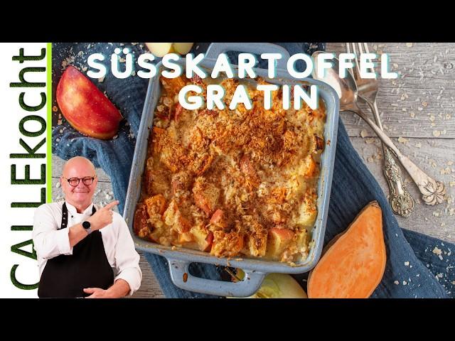 Süßkartoffel-Auflauf mit Käse im Ofen lecker zubereiten. Bestes Rezept