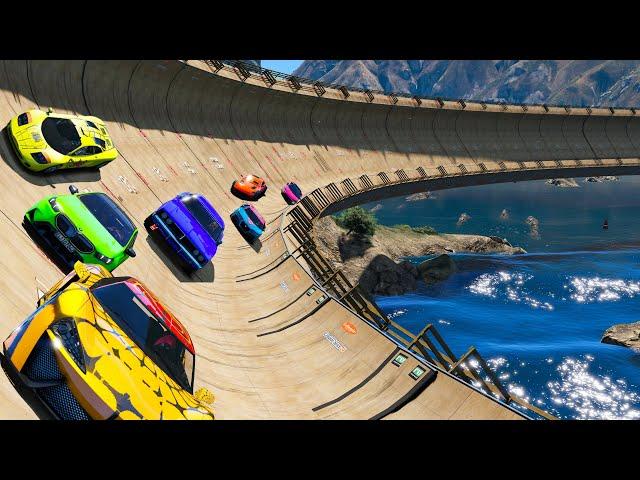 Oval track racing on a Ramp Spiderman Cars and GTA V car mods Superheroes challenge