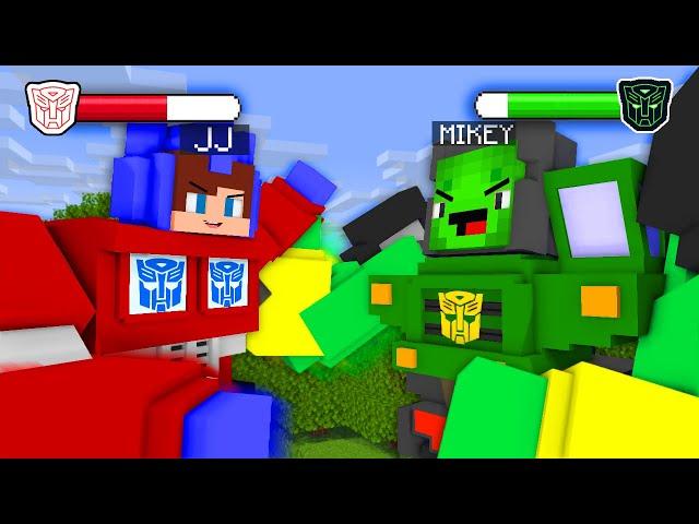 JJ vs Mikey Giant Transformer Titan Fight Battle - Optimus Prime vs Robot Maizen Minecraft Animation