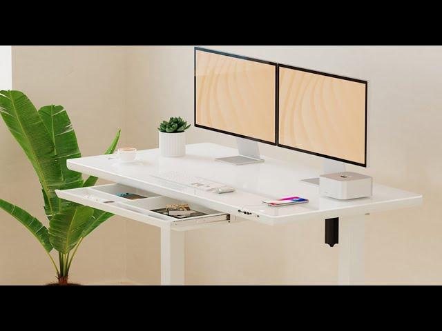 Single Motor Glass Tabletop Height Adjustable Ergonomic Standing Desk with Drawer - PrimeCables®