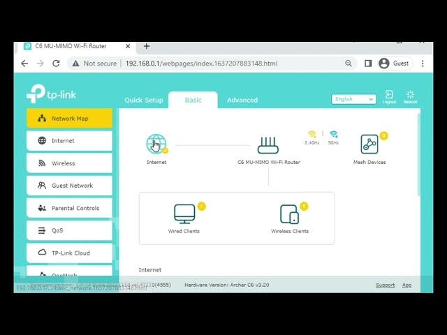 Web Admin interface of the TP-Link AC1200 Archer C6 Wi-Fi Router.