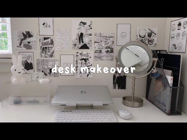 aesthetic desk makover, korean + pinterest inspired, manga + anime prints, black & white theme