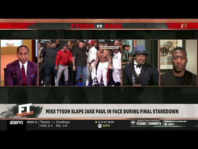 FIRST TAKE | Stephen A. & Newton react to Mike Tyson slaps Jake Paul in face during finals staredown