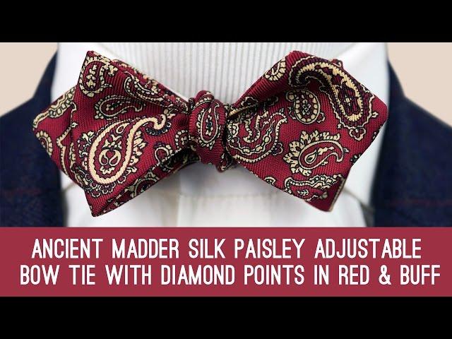 Ancient Madder Silk Paisley Adjustable Bow Tie with Diamond Points in Red & Buff - Fort Belvedere