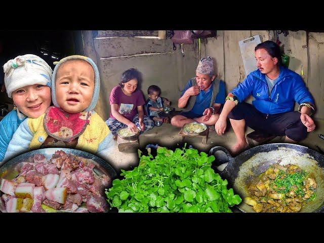 Pork & Watercress (SIM RAYO) recipe with rice cooking and eating सुङ्गुर को मासु र सिमसाग को तरकारी