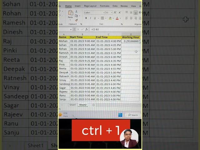 excel tutorial !! Calculate Working Hours   excel tips #shorts #excel