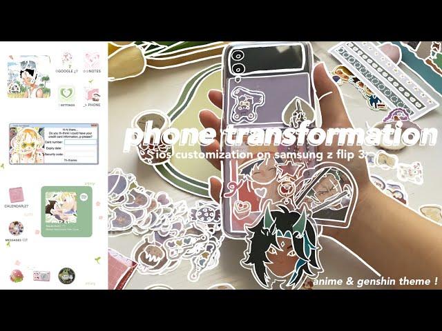 phone transformation  ー anime & genshin theme, z flip3 customization, aesthetic ios 15 setup 