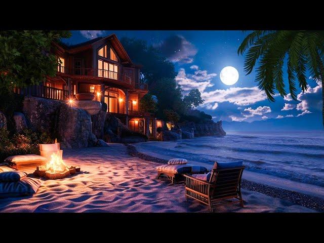 Calm Ocean Night with Soothing Waves, Campfire and Night Sounds For Relaxation, Deep Sleep