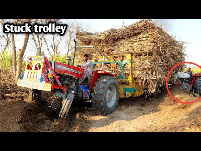 Two Mf 385 pulling out a heavy loaded sugarcane trolley from muddy field | Farrukh javed Vlogs