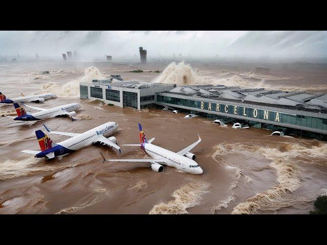 Footage of airport sinking in Barcelona! Heavy flooding submerges planes in Spain