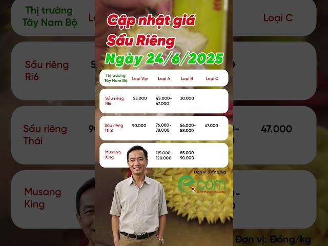 Giá sầu riêng Tây Nam Bộ ngày 24/6: Ri6 giảm nhẹ, Thái – Musang King ổn định