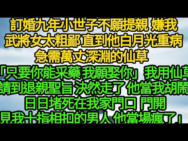 訂婚九年小世子不願提親嫌我武將女太粗鄙，直到他白月光重病急需萬丈深淵的仙草 「只要你能采藥 我願娶你」我用仙草請到退親聖旨 決然走了，他當我胡鬧 日日堵死在我家門口，門開見我十指相扣的男人 他當場瘋了