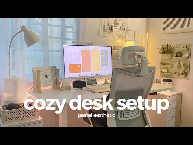 desk makeover  cozy pastel setup, unboxing new keyboard, cable management, organizing tips