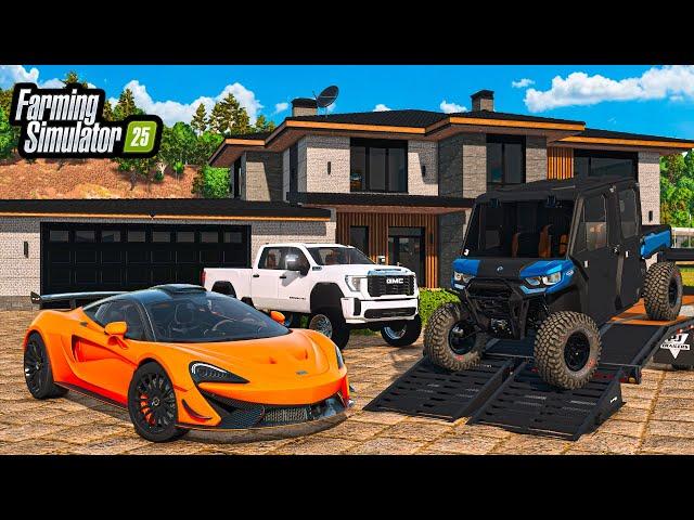 BUILDING FIRST LUXURY MANSION IN FS25! (LIFTED TRUCKS + SUPERCARS)