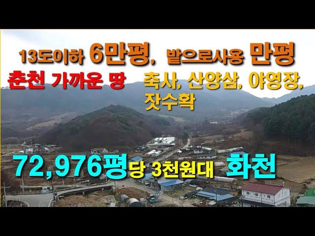 화천  72,976평  완만 6만평, 밭으로사용 1만평,  축사 산양삼 야영장 캠핑장, 올 계획관리,  강원도 싼땅, 국유지군유지접, 춘천 가까운 땅