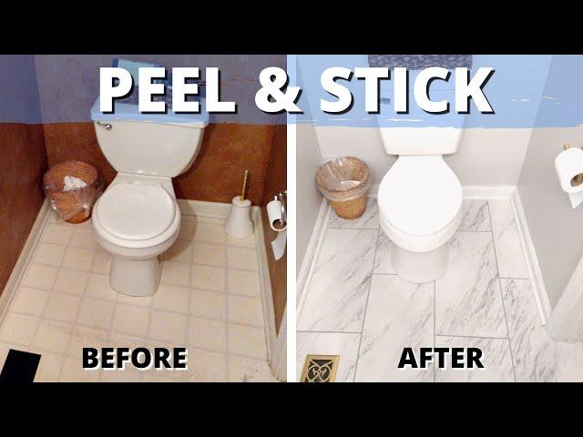 Watch Us PEEL & STICK a SMALL BATHROOM FLOOR with Luxury Vinyl Tile!