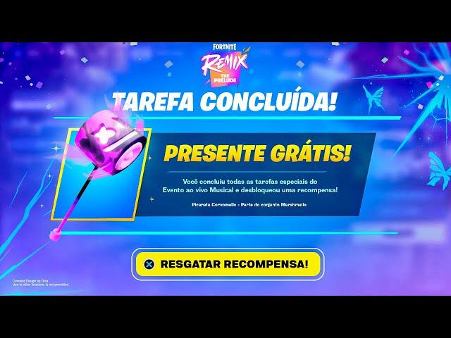  AGORA! COMO RESGATAR NOVA *RECOMPENSA GRÁTIS* DO EVENTO AO VIVO MARSHMELLO x FORTNITE REMIX!