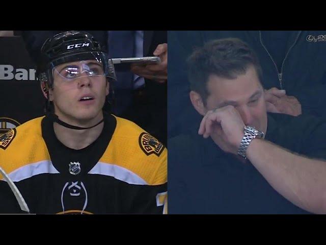 Jake DeBrusk scores first NHL goal, father Louie gets emotional watching in stands