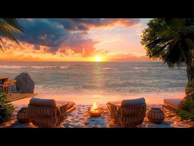 Calming Ocean Waves and Cracking Fire Sounds For Healing Soul  Summer Sunset Beach Ambience