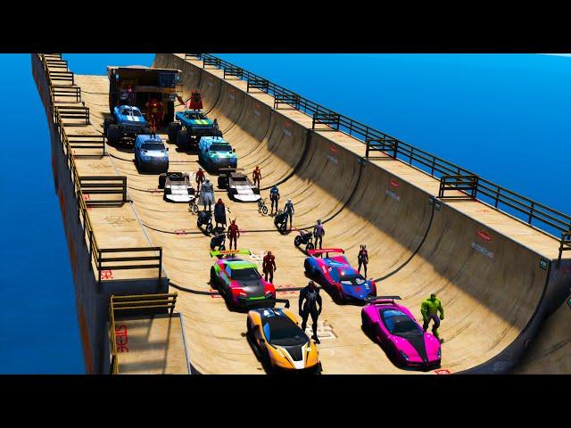 Cars Сhallenge GTAV Hulk Flash and Venom New Ramp!Человек-паук Халк и другие Герои на Рампе Челендж!