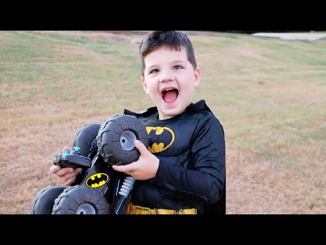 BATMAN CALEB! DRESS up as SUPERHERO & PLAYING with BATMAN TOYS with MOM outsidE! Caleb PRETEND PLAY