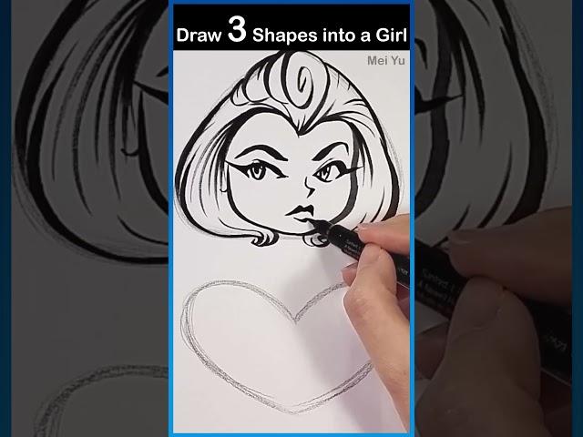 Draw 3 Shapes into a Girl Art Challenge #artshorts #meiyu #drawingshorts