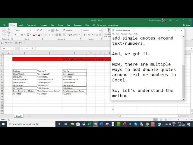 Add single/double quotes around text/numbers in Excel