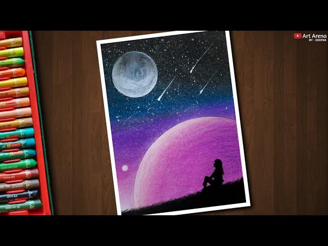 Drawing for Beginners with Oil Pastels and Acrylic - Galaxy Night Scenery Drawing - Step by Step